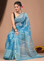 Cotton Sky Blue  Digital Printed Saree